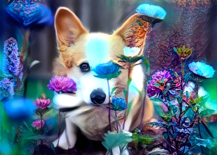 Corgi and wildflowers 