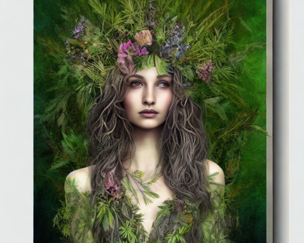 Woman adorned with greenery and flowers, exuding mystical nature aura