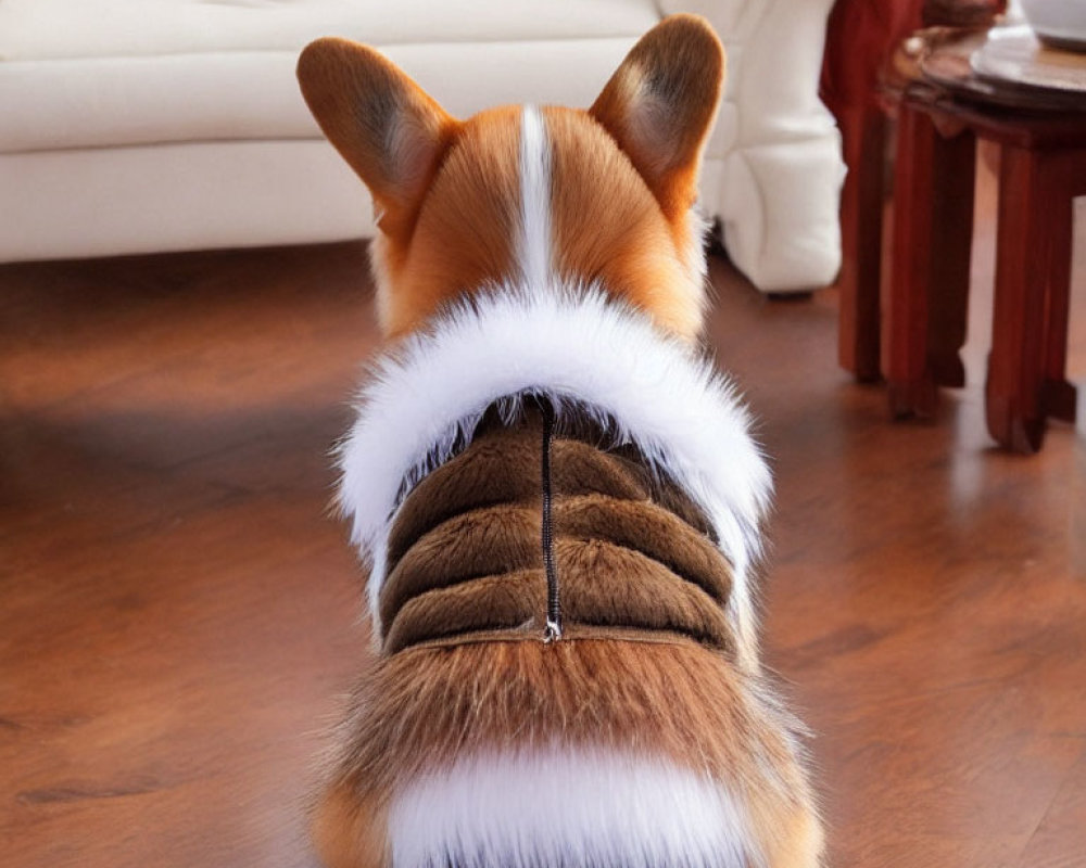 Furry Brown Jacket Corgi in Cream Sofa Living Room