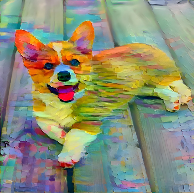 Corgi in paint chips