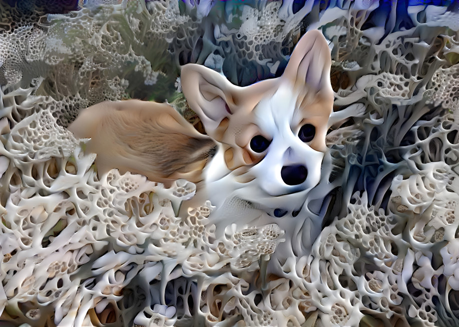 Corgi puppy in a field of bone flowers