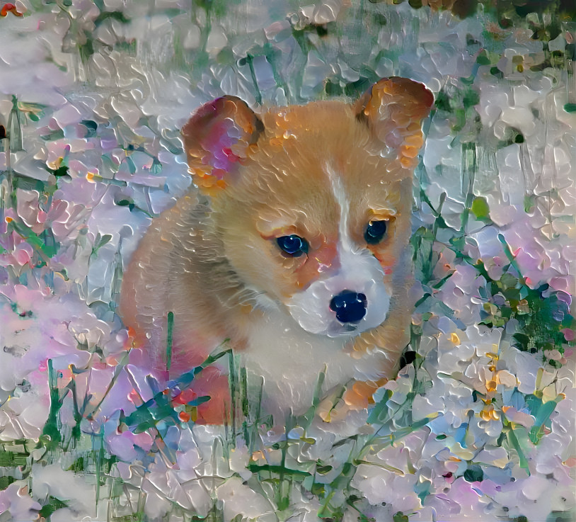 Baby corgi in the snow meadow