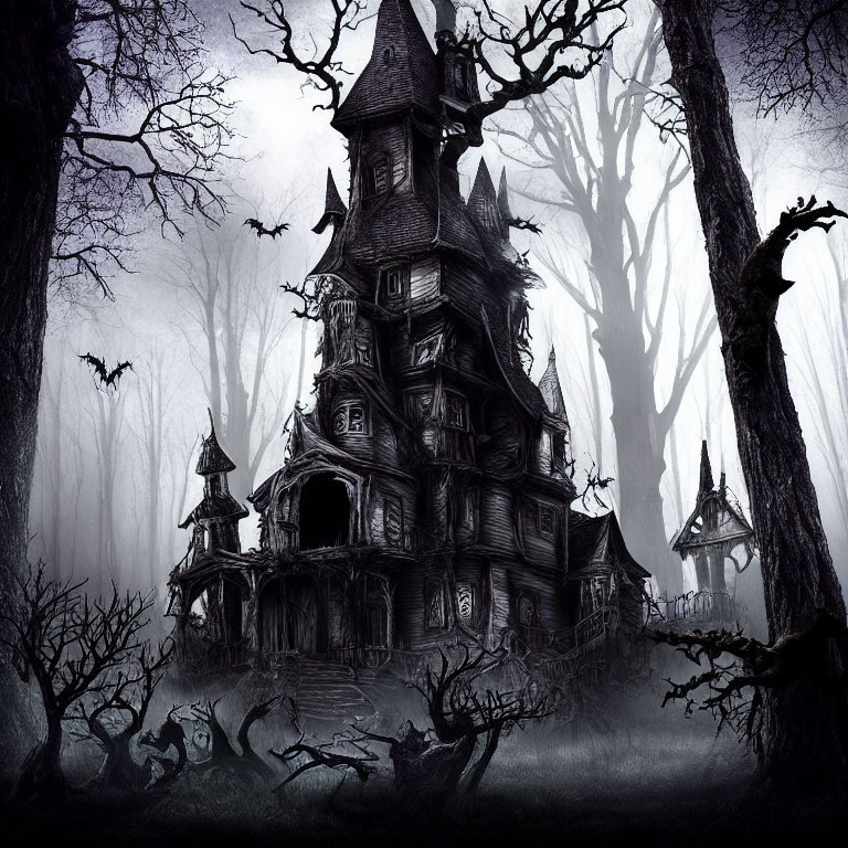 Spooky Victorian mansion in gloomy forest with bats under misty sky