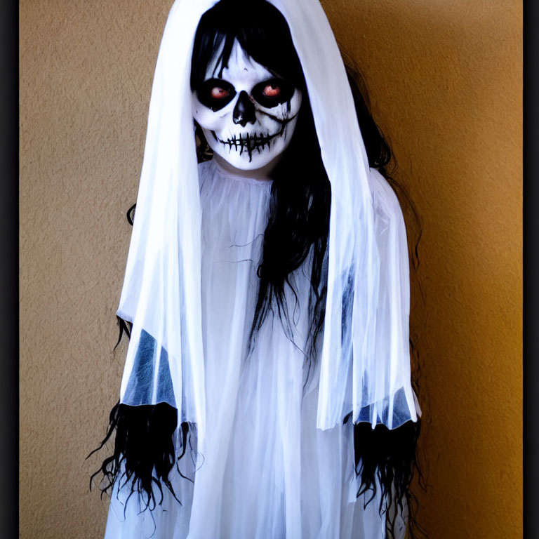 Ghost costume with skull face paint and red eyes against orange wall