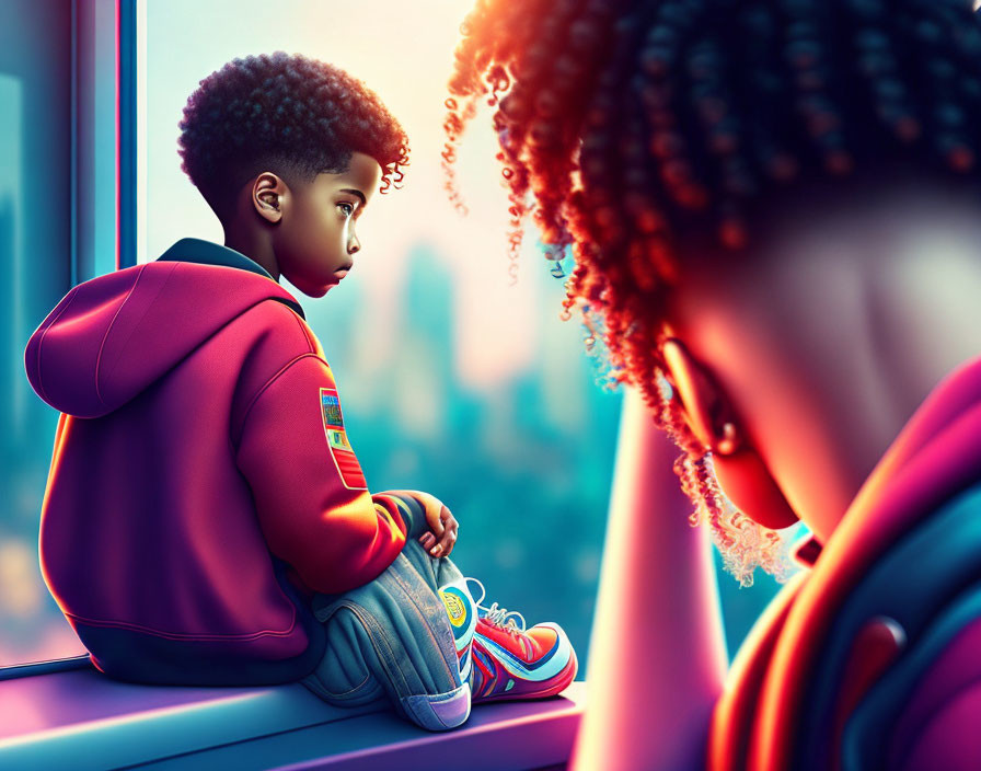 Child in red hoodie and colorful shoes sitting on windowsill, looking out with another person's shoulder.