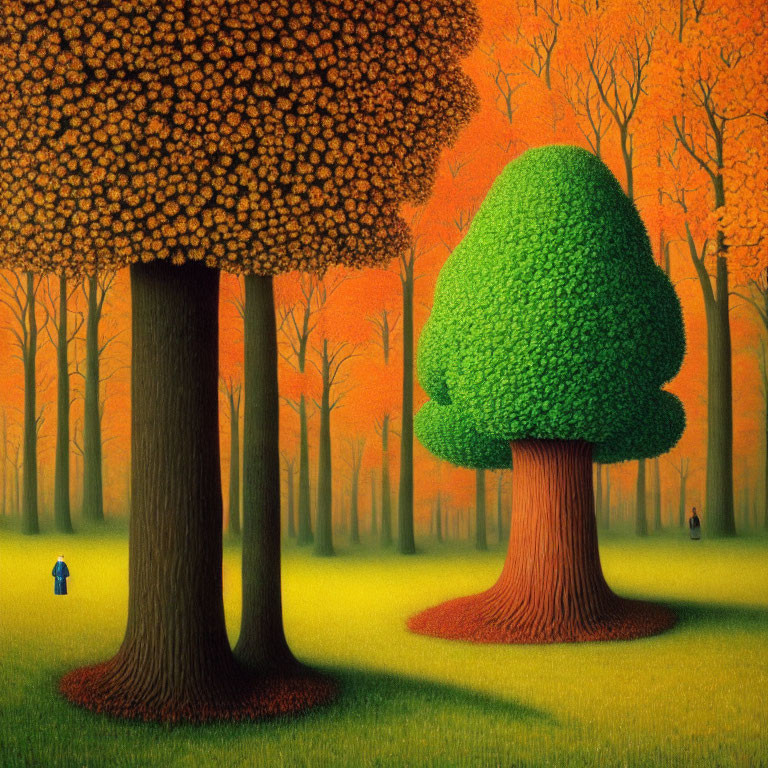 Colorful surreal autumn forest with oversized trees and small figure in blue