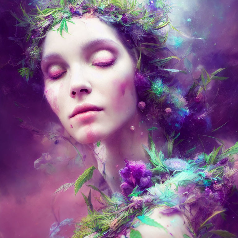 Portrait featuring purple and pink tones with floral elements for a mystical vibe