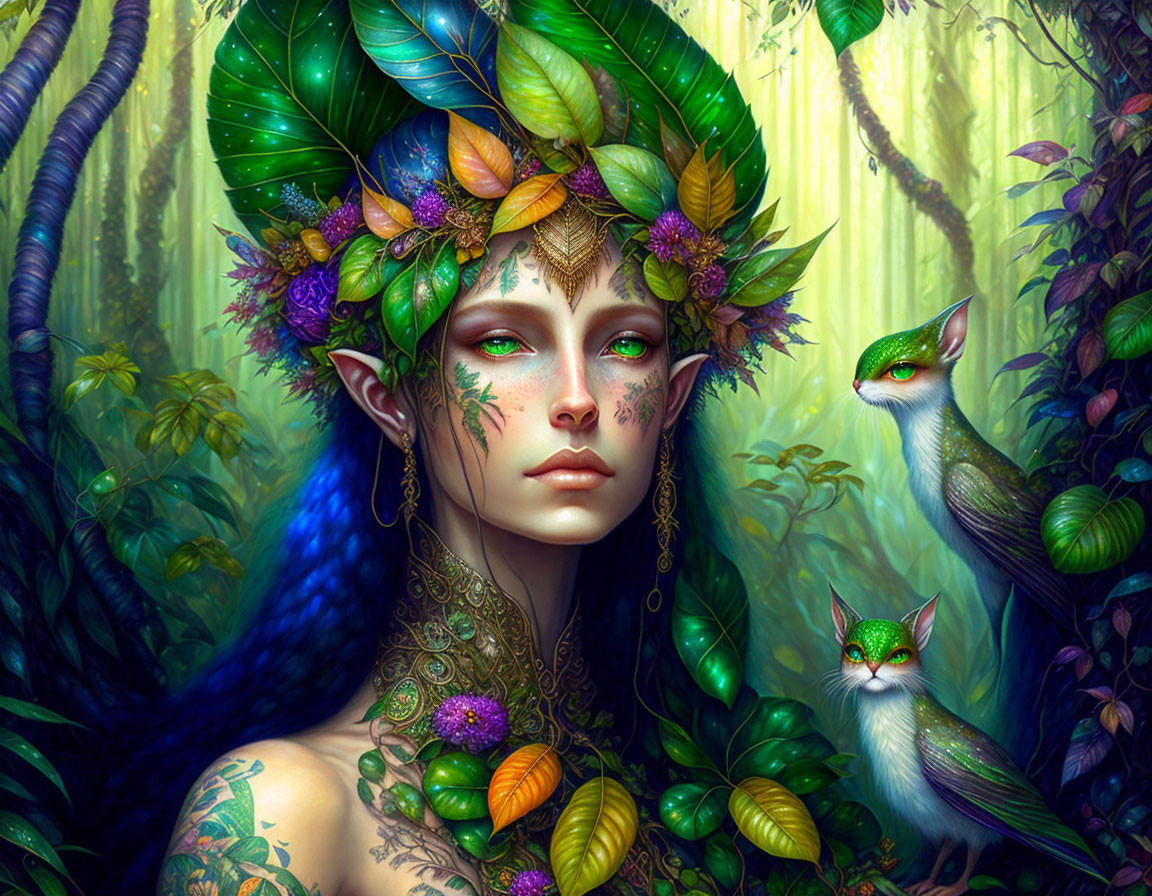 Fantasy illustration of female figure with green skin and leafy headpiece surrounded by mystical animals