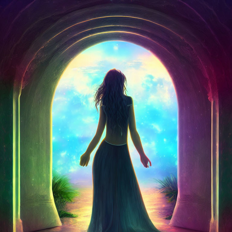 Woman standing at arched doorway gazing at vibrant starry expanse