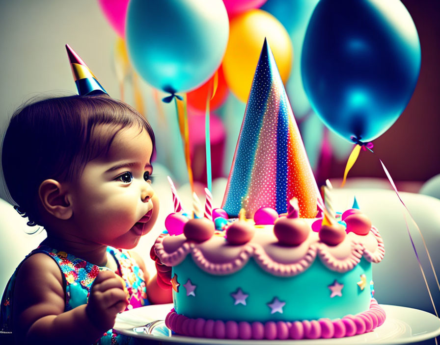 Toddler in party hat amazed by colorful birthday cake