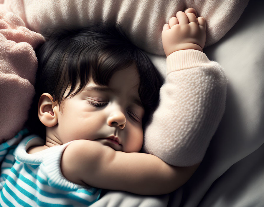 Sleeping Baby in Pink Sweater on Soft Surface