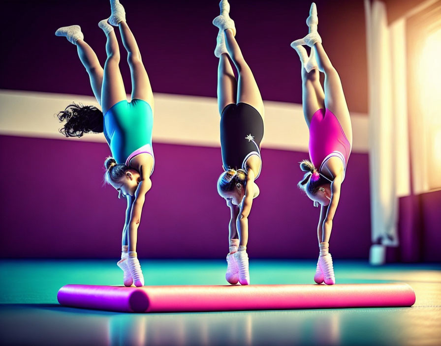 Colorful Gym Backdrop: Three Gymnasts in Split Handstands