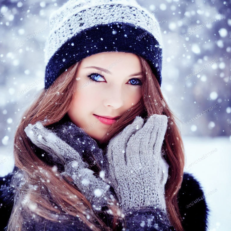 Blue-eyed woman in winter hat and gloves smiling in snowfall