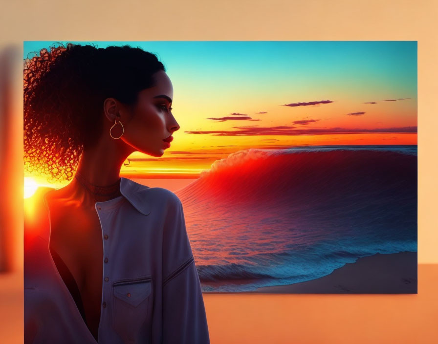 Curly-Haired Woman Gazing at Vibrant Sunset and Ocean Wave