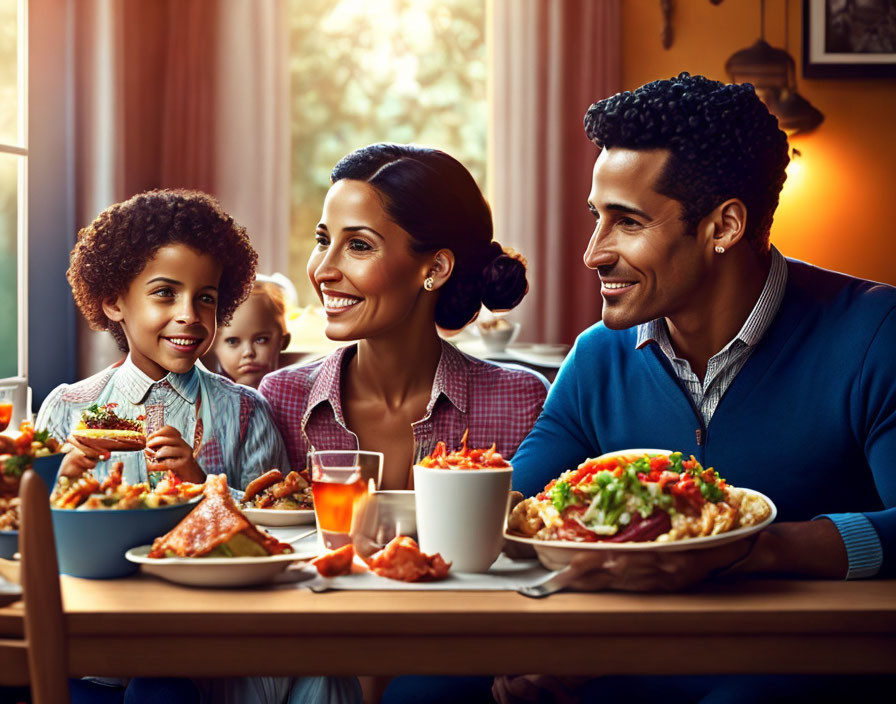 Warmly lit family meal at dining table