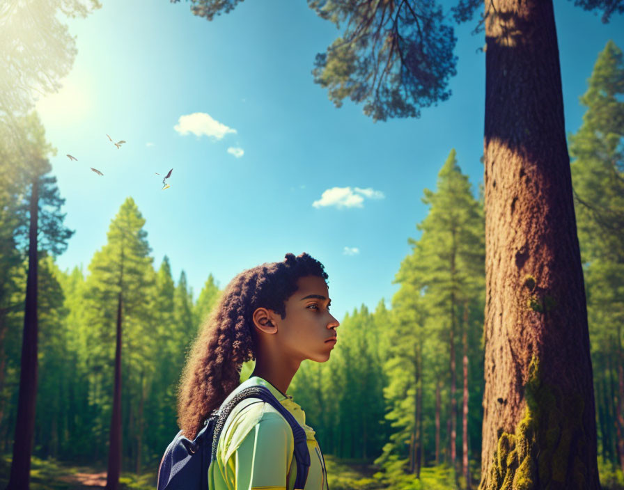 Person with backpack in sunlit forest with towering trees