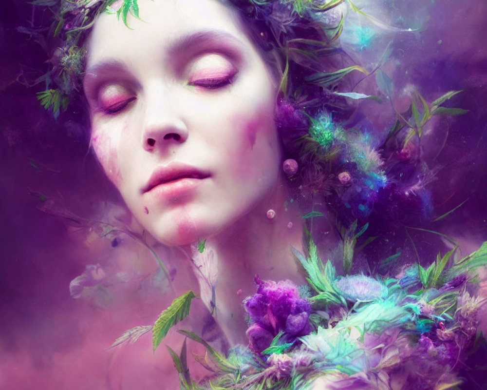 Portrait featuring purple and pink tones with floral elements for a mystical vibe