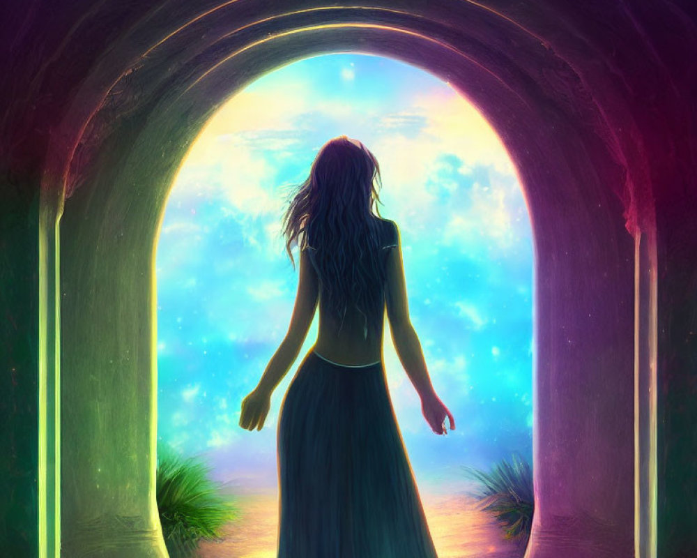 Woman standing at arched doorway gazing at vibrant starry expanse