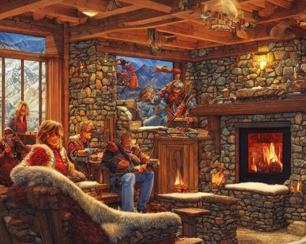 Medieval-themed cabin interior with fireplace, stone walls, wooden beams, and knight painting