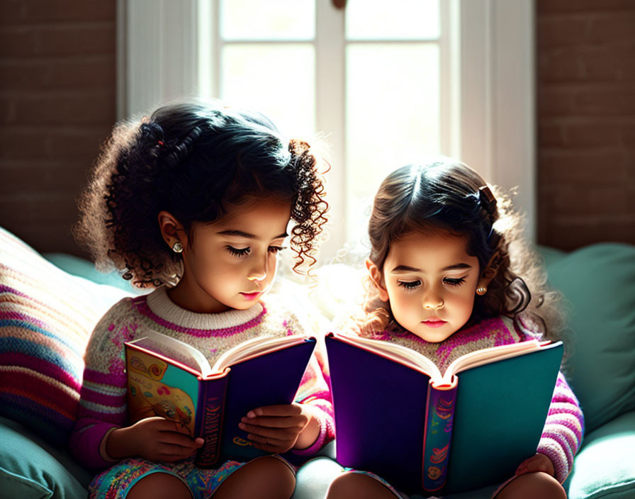 Young girls with curly hair reading books in warmly lit room