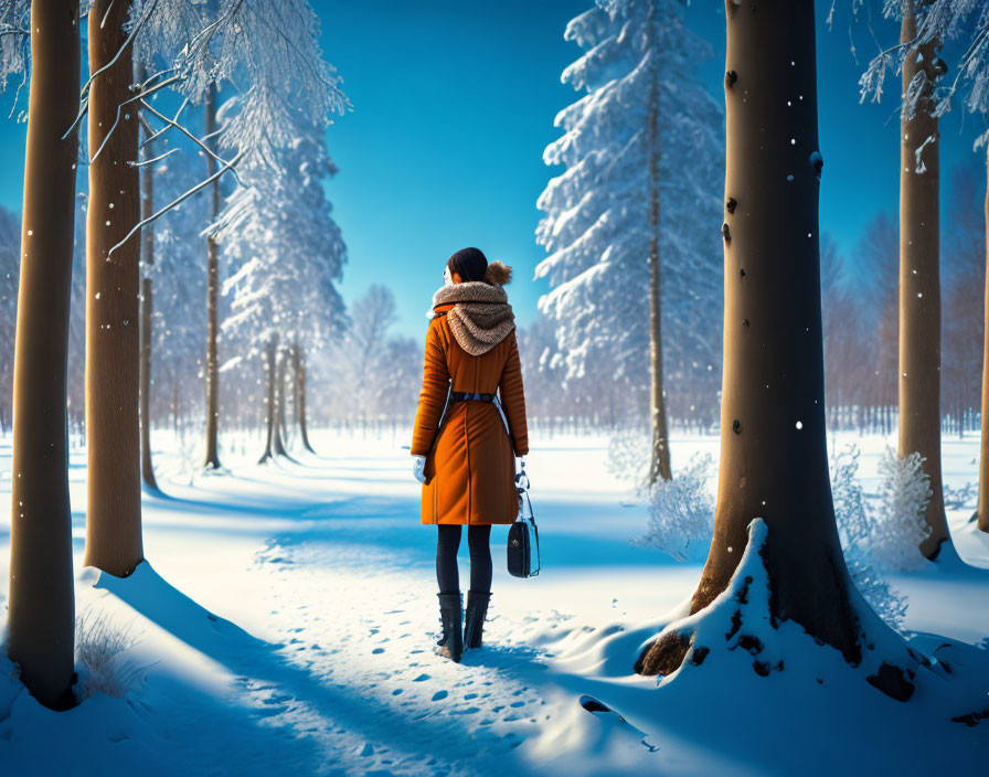 Person in Orange Coat Stands on Snowy Path in Winter Forest