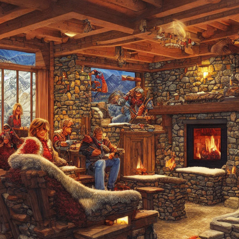 Medieval-themed cabin interior with fireplace, stone walls, wooden beams, and knight painting