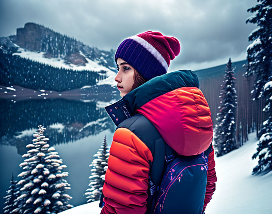 Person in Red and Black Jacket in Snowy Landscape with Pine Trees and Lake