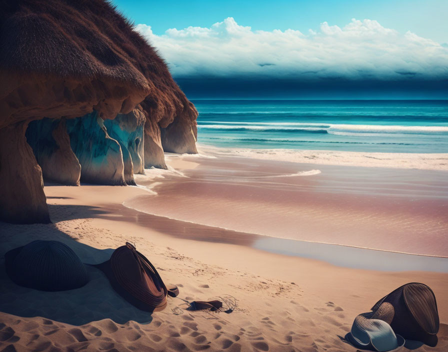 Tropical beach scene with straw hut, blue waters, and sandy shore with hats and bag for a