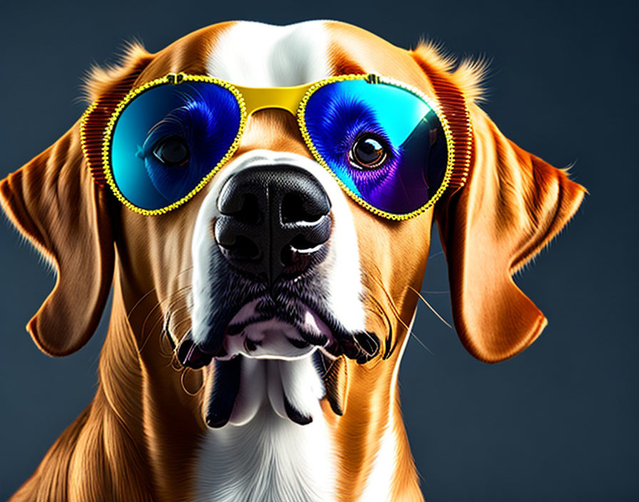 Brown and White Dog Wearing Colorful Sunglasses on Dark Background