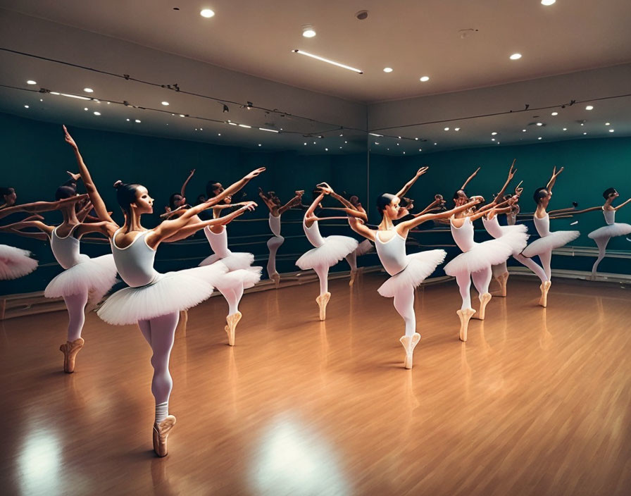 Ballet dancers in white tutus gracefully pose en pointe