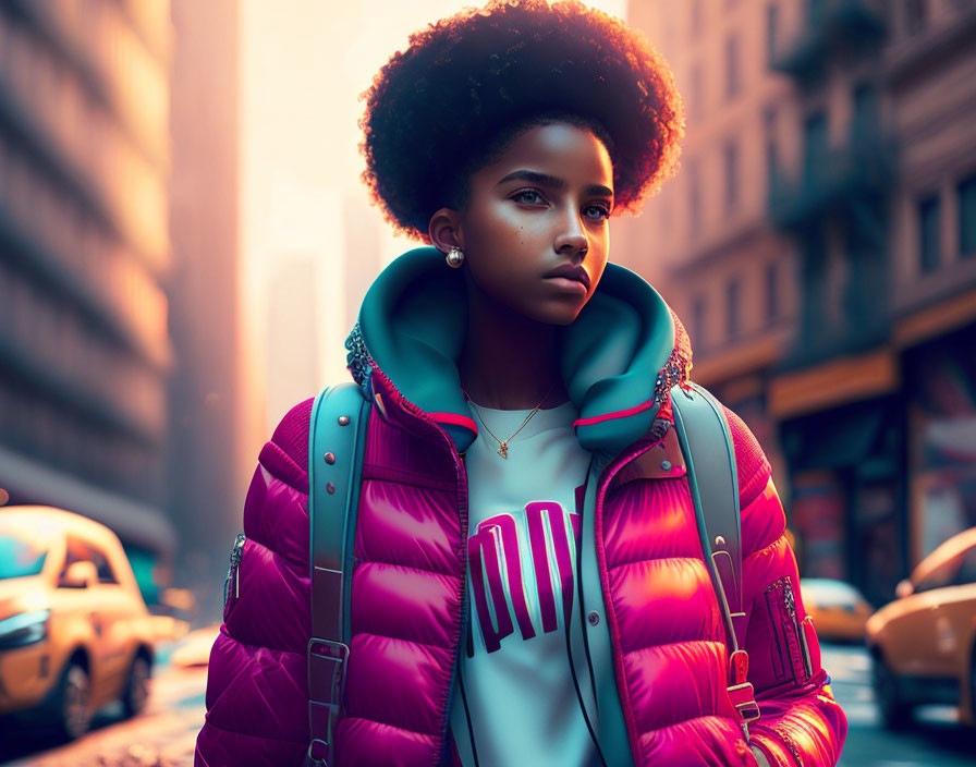 Young person with afro in purple puffer jacket on city street at sunset