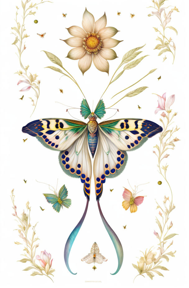 Stylized butterfly with elongated tails among insects and botanical elements