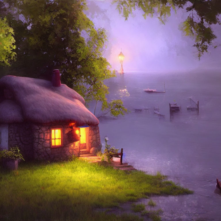 Stone cottage with thatched roof by serene lake at dusk with glowing lantern and warm light.