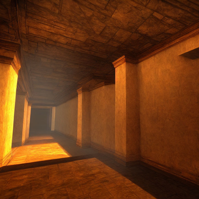 Empty corridor with warm lighting, stone pillars, and textured ceiling.