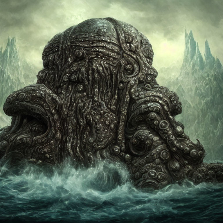 Gigantic octopus creature with multiple tentacles in a mountainous seascape