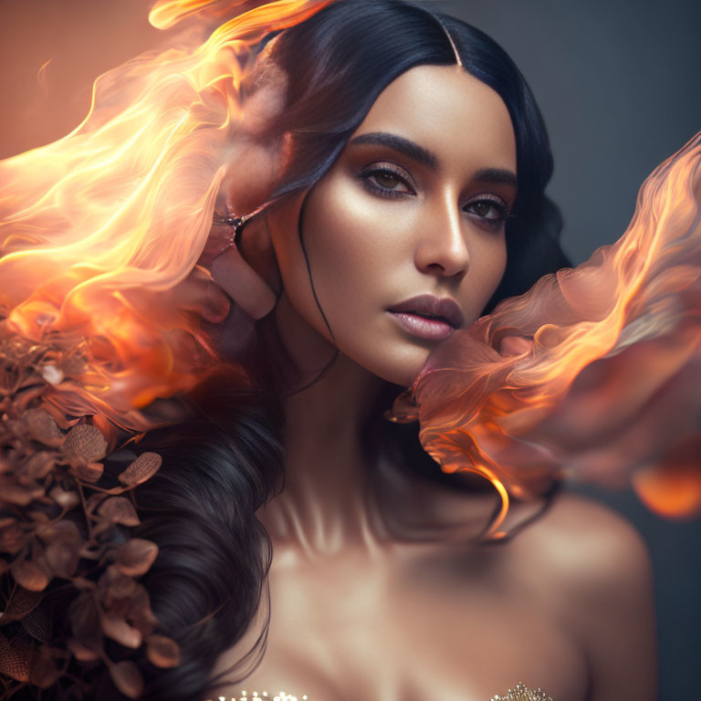 Dark-haired woman with smoky eye makeup surrounded by artistic flames for a fiery look