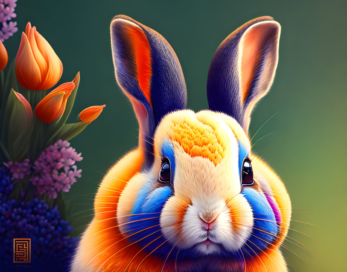 Colorful Rabbit Illustration with Glossy Coat and Flowers in Background