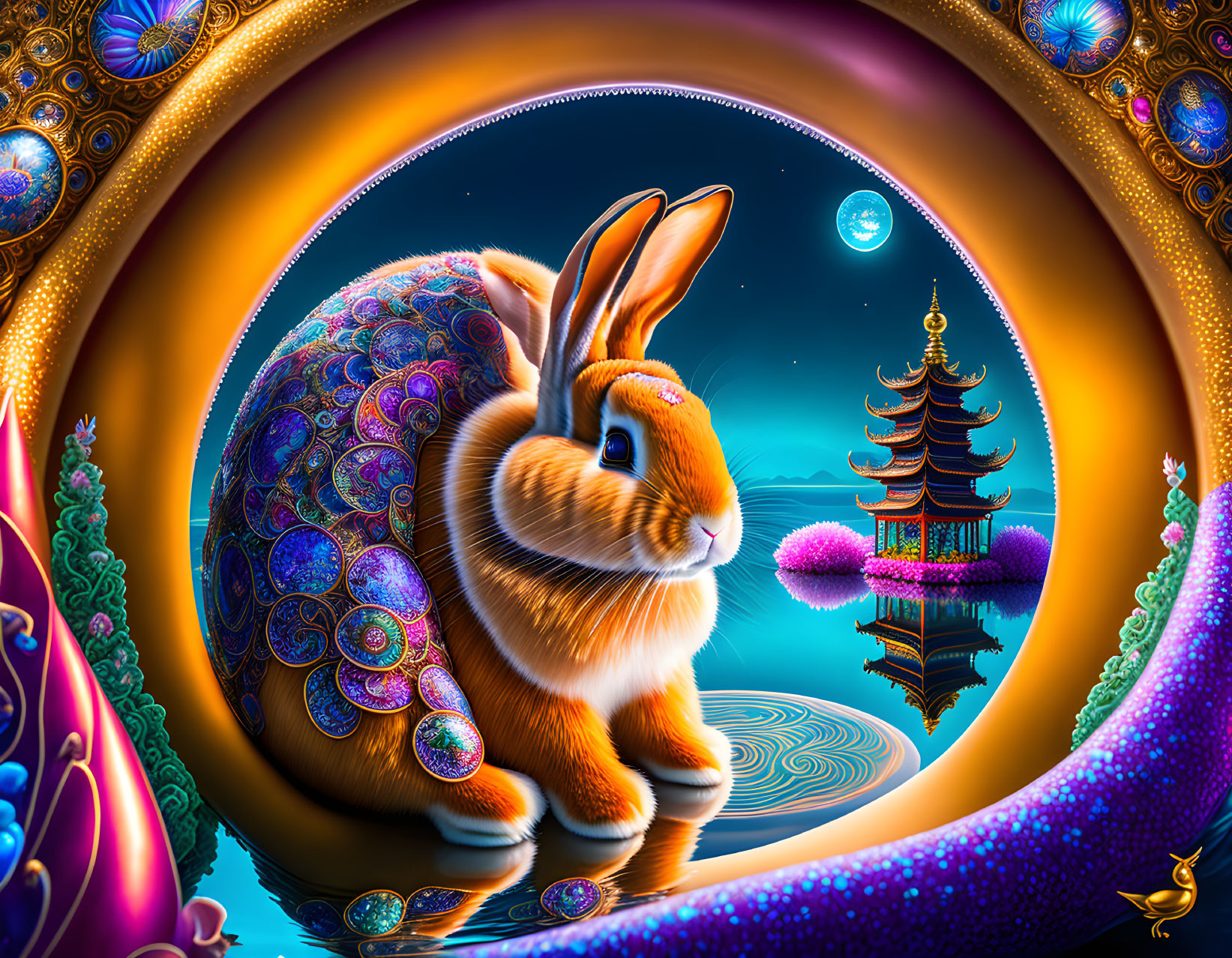 Colorful digital artwork: Golden rabbit with intricate patterns in whimsical moonlit scene