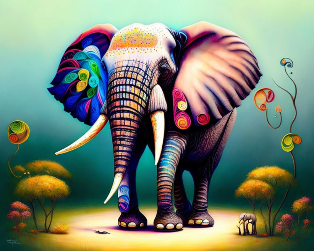 Vibrant elephant painting with decorative patterns in whimsical landscape