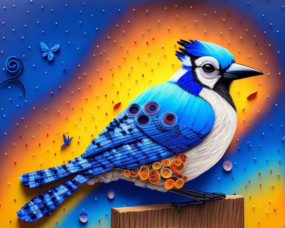Colorful Stylized Blue Jay Artwork with Butterflies and Branch