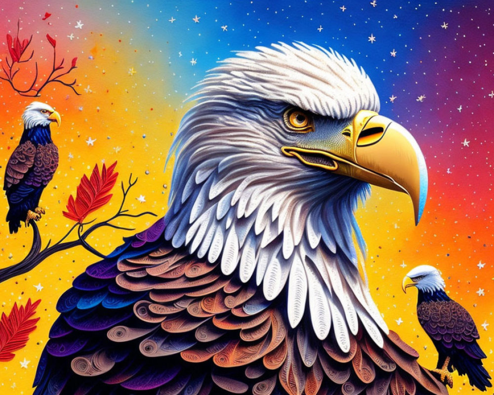 Detailed Bald Eagle Illustration Against Night Sky with Stars
