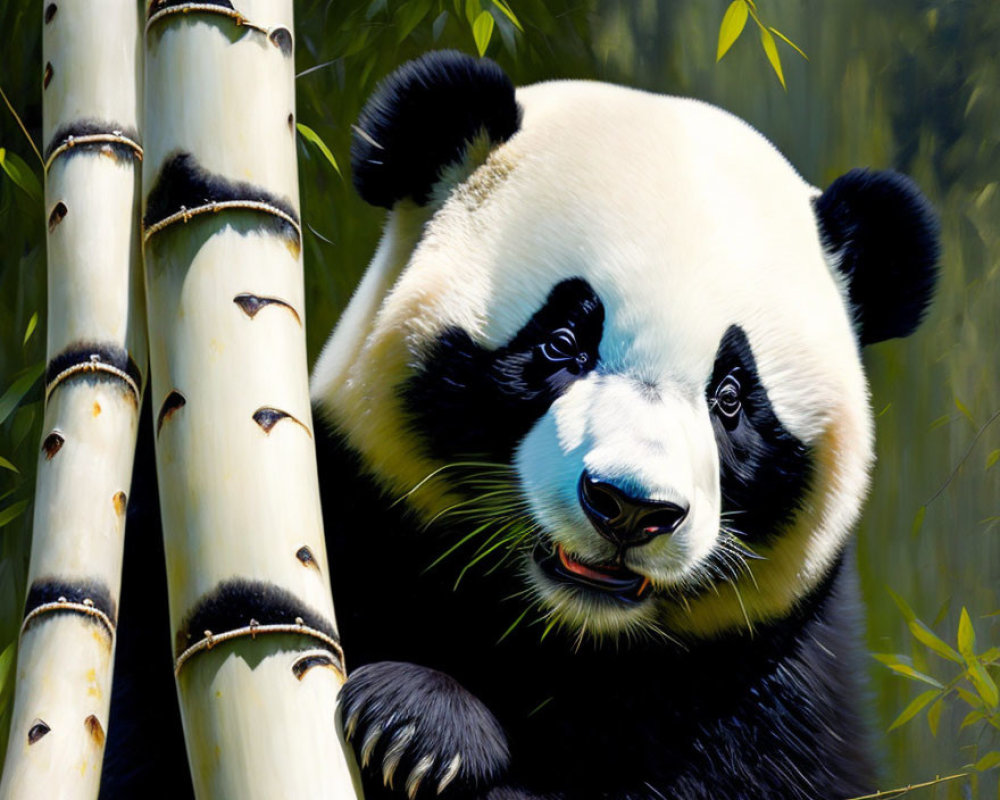 Close-Up of Panda's Face with Bamboo Stalks Background