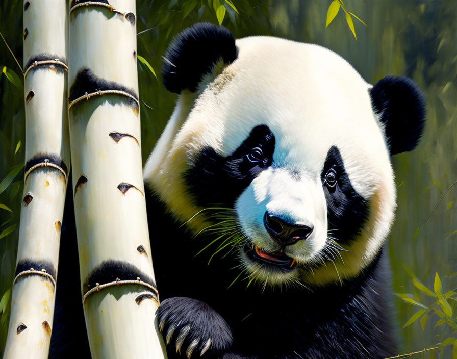 Close-Up of Panda's Face with Bamboo Stalks Background