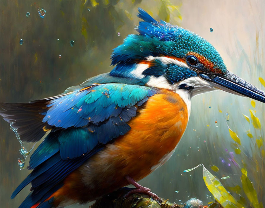 Detailed Digital Painting of Vibrant Kingfisher Bird Perched on Branch