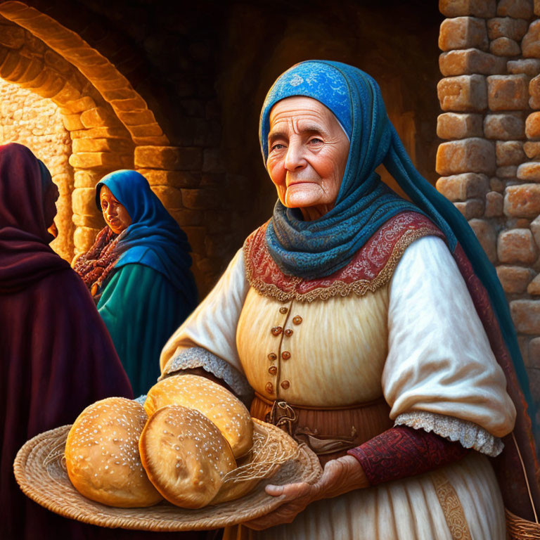 An old woman in medieval times selling baked bread