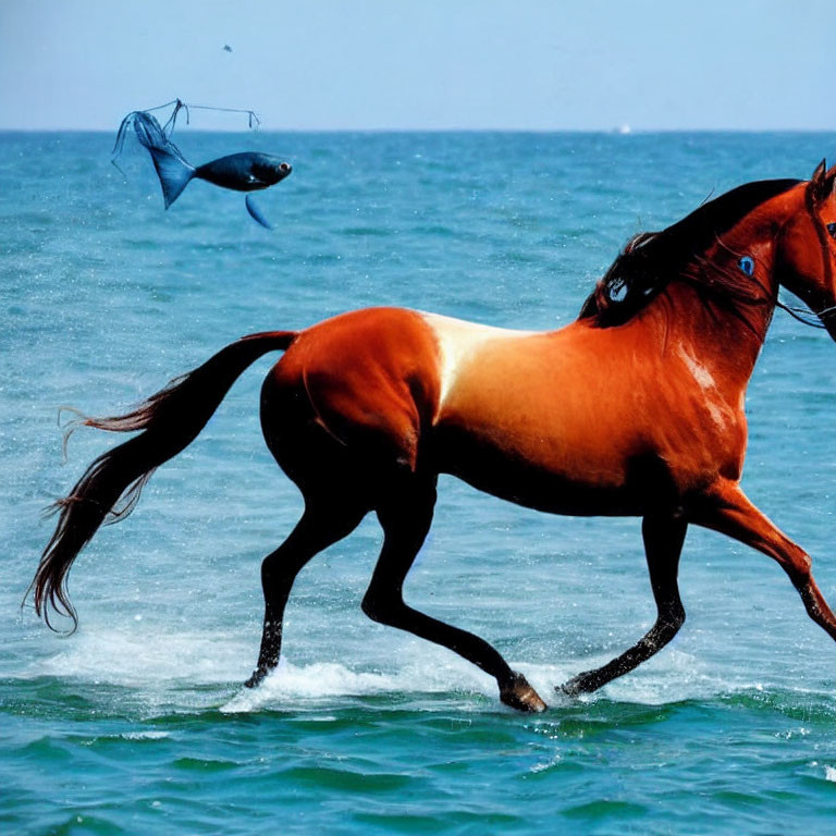 Brown horse galloping in ocean with flying fish.