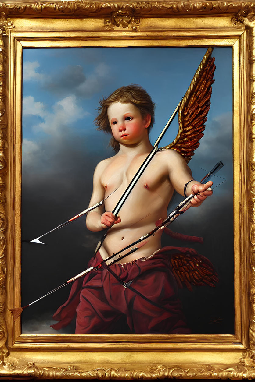 Classical painting of Cupid with bow and arrow in ornate frame