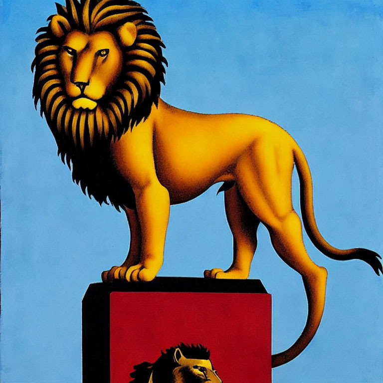 Golden lion illustration on red platform with blue background