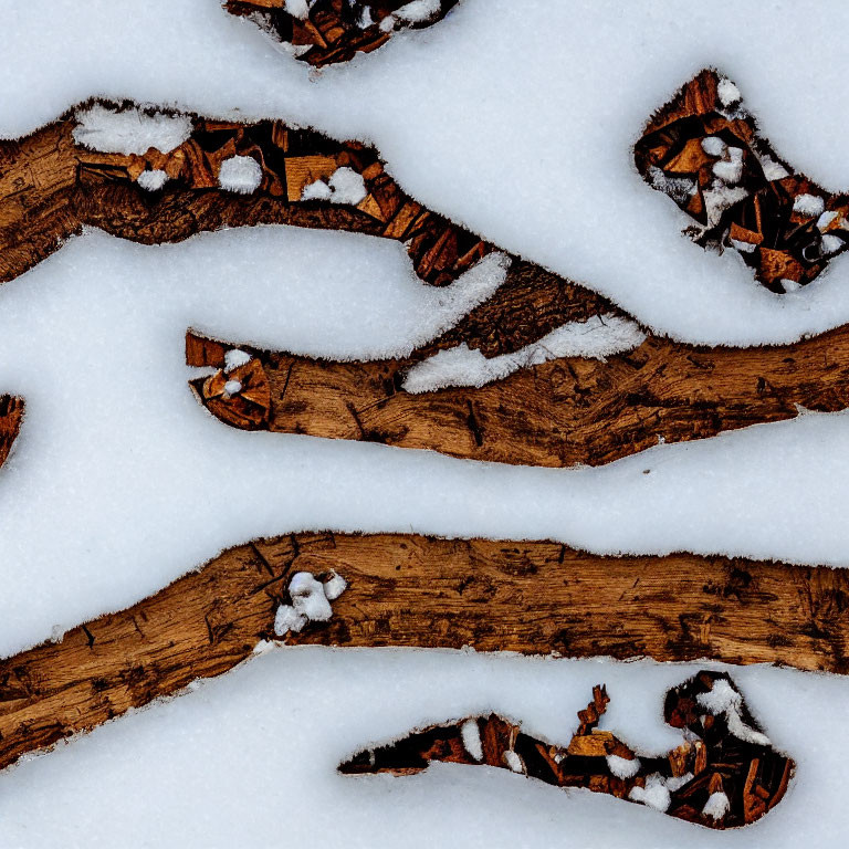 Snow-covered wooden planks with peeking leaves: A textured winter contrast