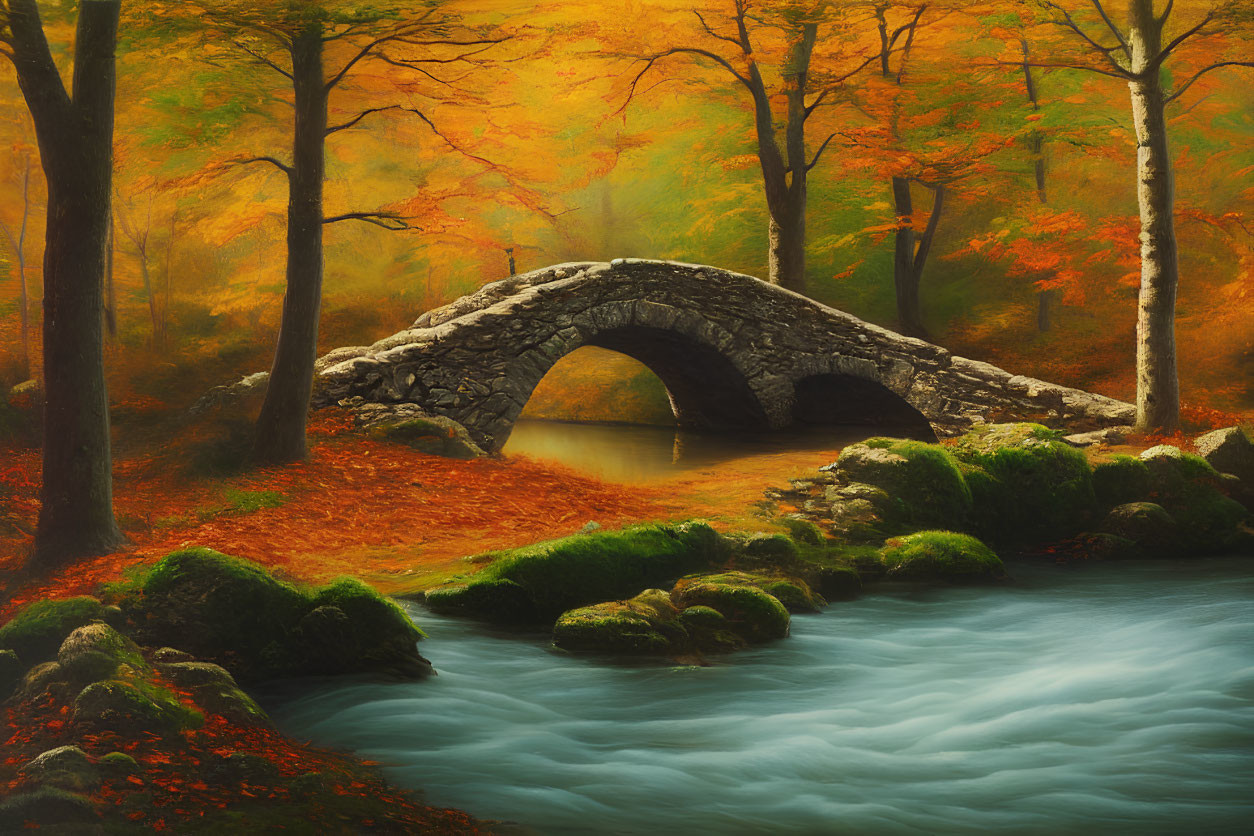 Stone bridge over serene stream in vibrant autumn forest